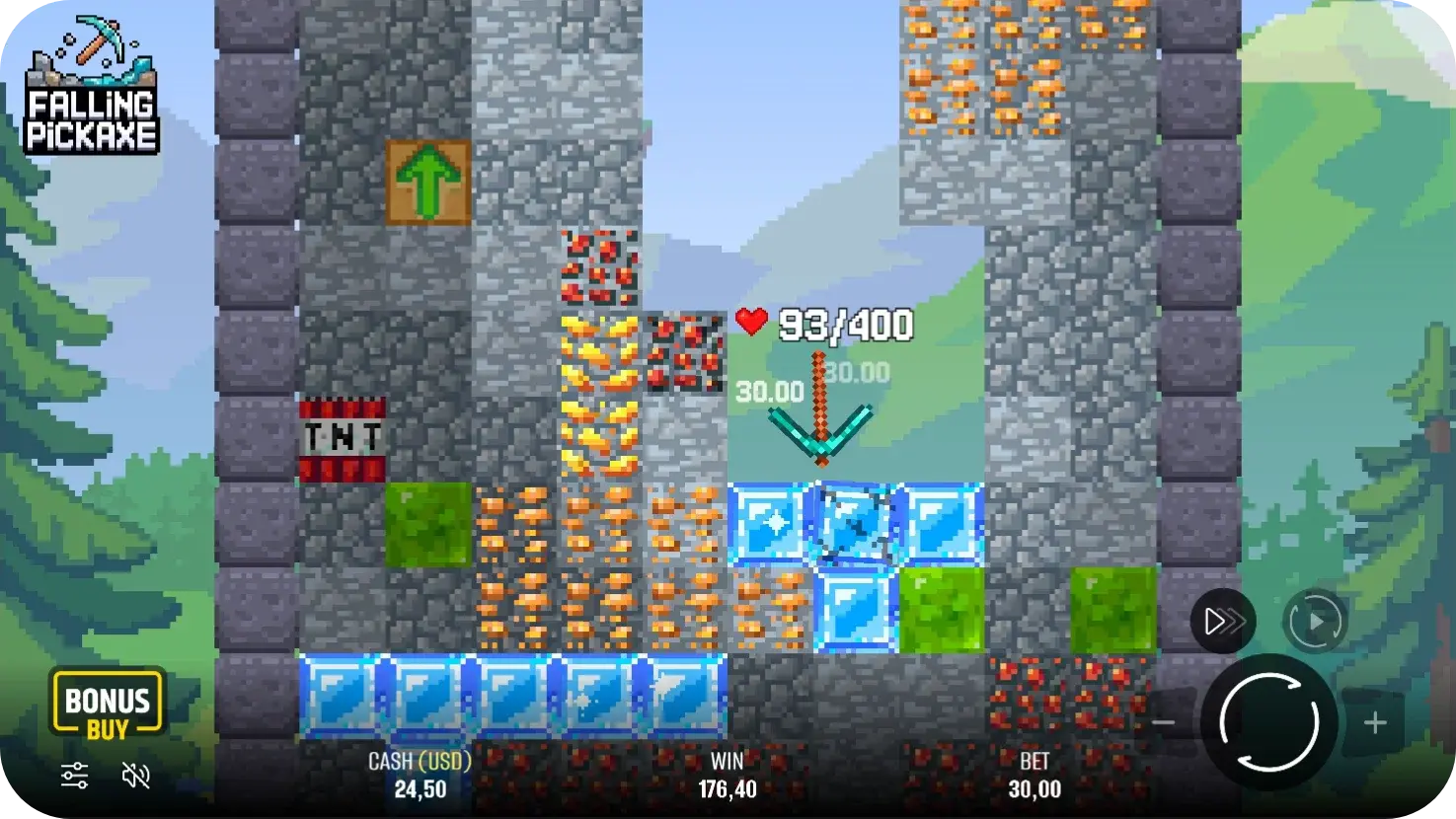 Una ronda de Falling Pickaxe con el pico rompiendo bloques